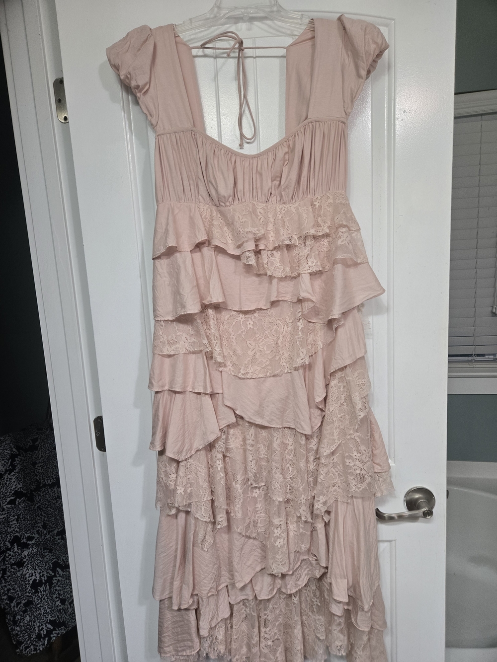Anthropologie Blush Pink Ruffled Lace Maxi Dress